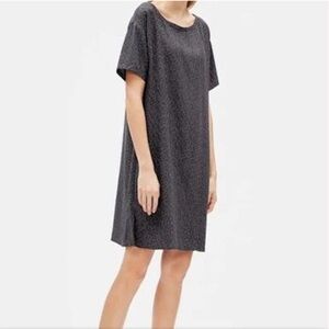 Eileen Fisher 100% Silk Morse Code Black Shift Dress White Dots